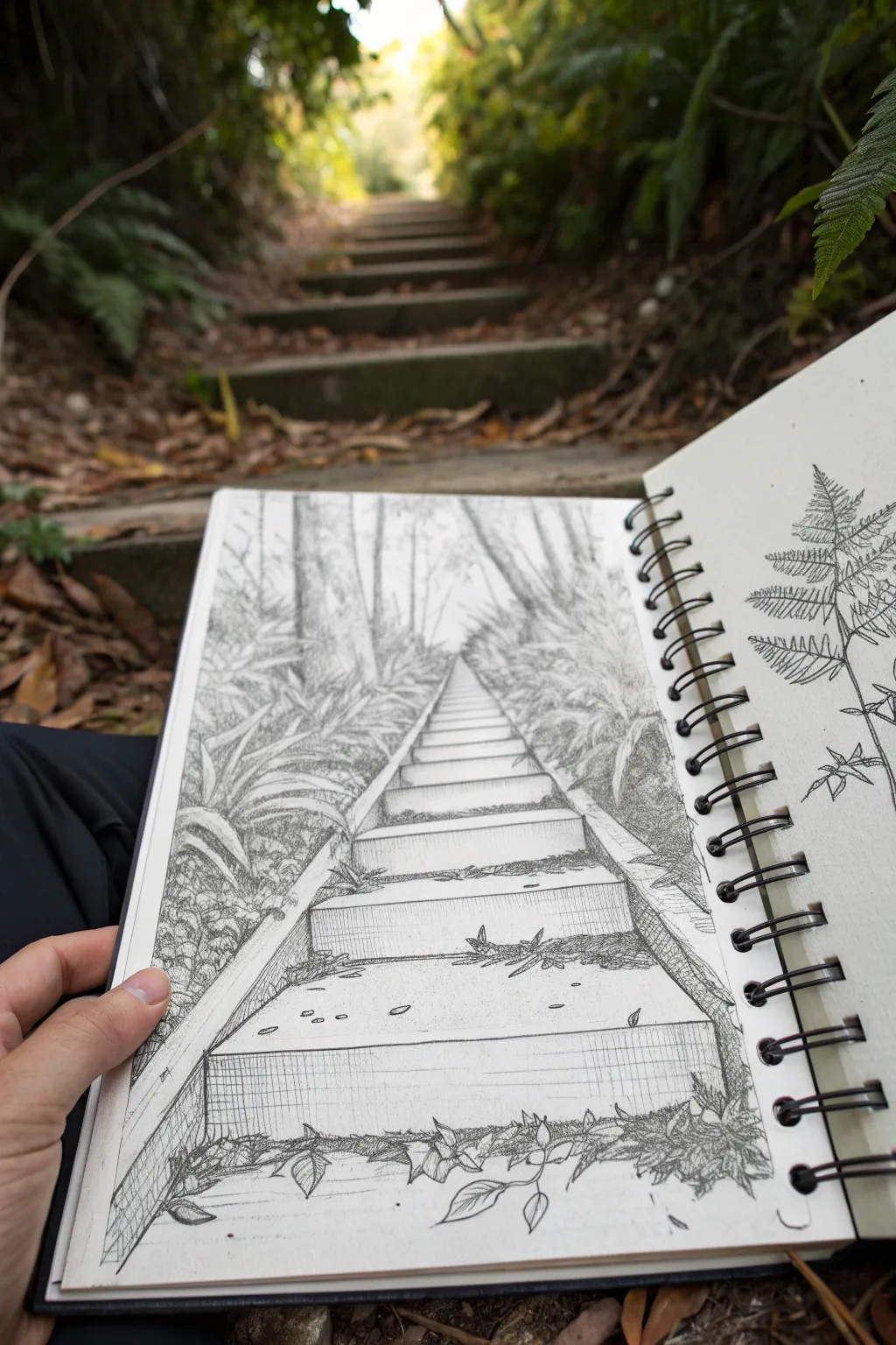 Minimal one-point stair platforms with a winding vine, clean lines, soft boho greens