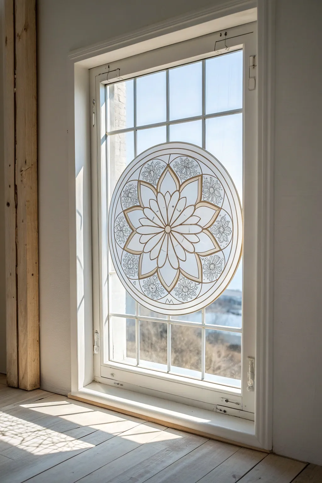 Sunlit glass mandala with layered petals and dots, glowing like a minimalist boho suncatcher
