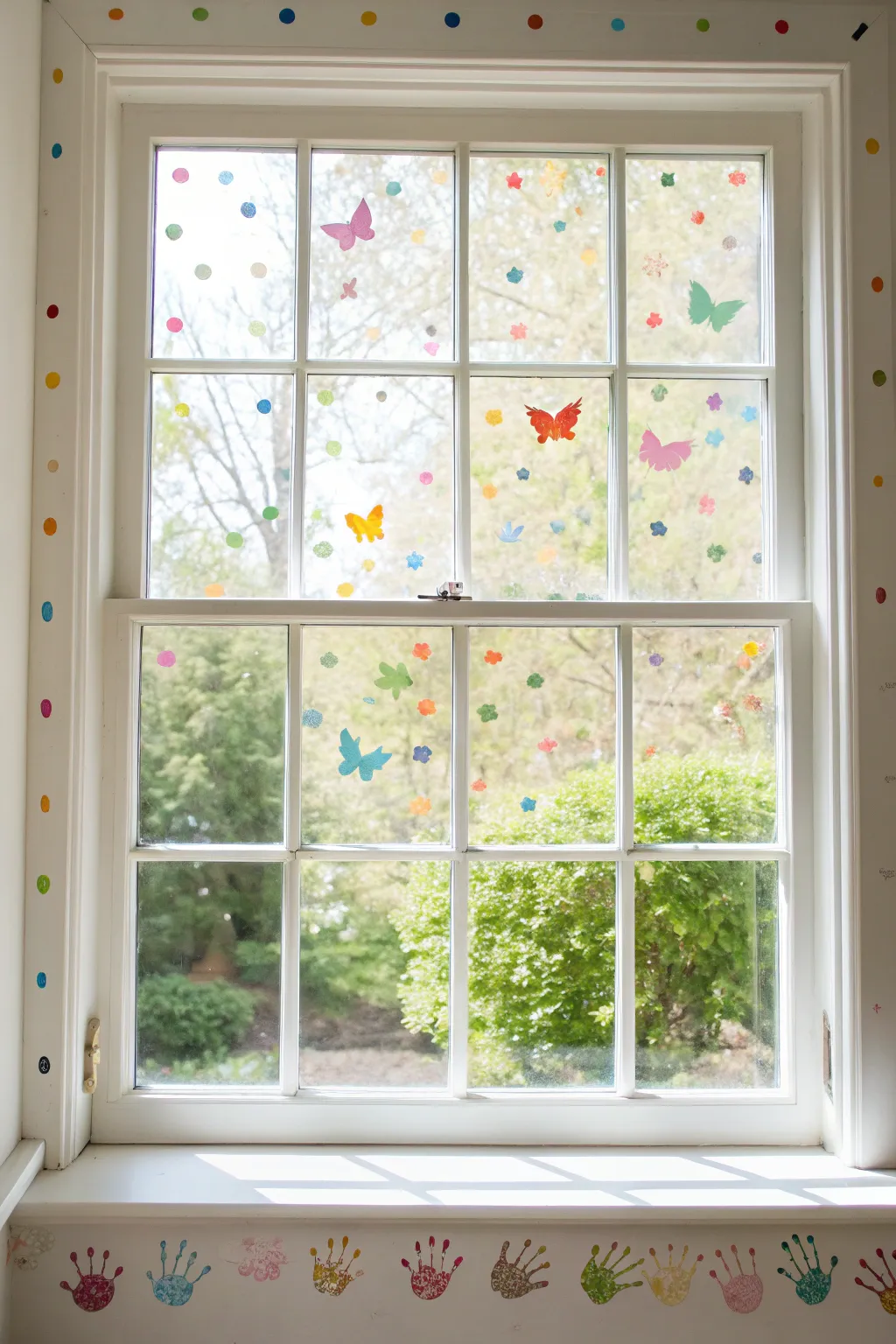 Washable fingerpaint dots and handprint critters brighten a minimalist window, up close and sunny.