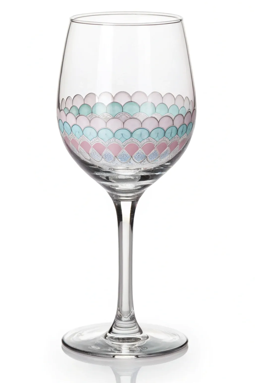 Easy mermaid-scale scallops in soft pastels wrapping the wine glass for a clean, boho-minimal look