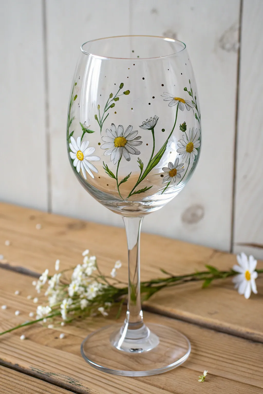 Floating flower heads on a clear wine glass, airy, minimal, and beautifully handcrafted