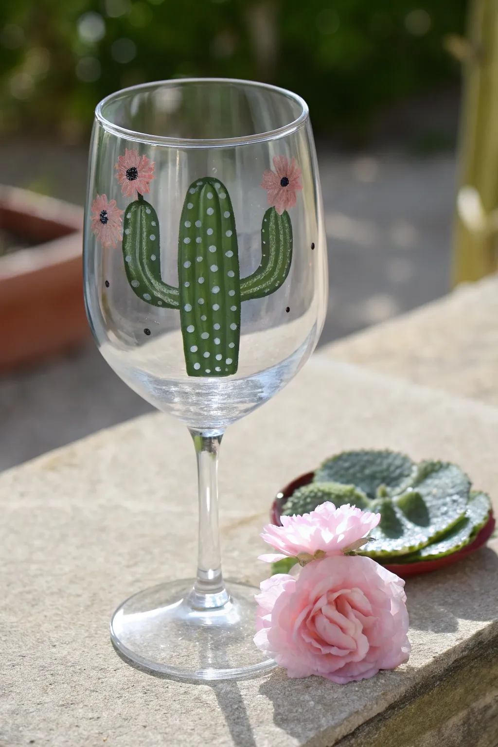 Beginner-friendly stippled cactus design on a minimalist wine glass, crisp contrast on a neutral backdrop.