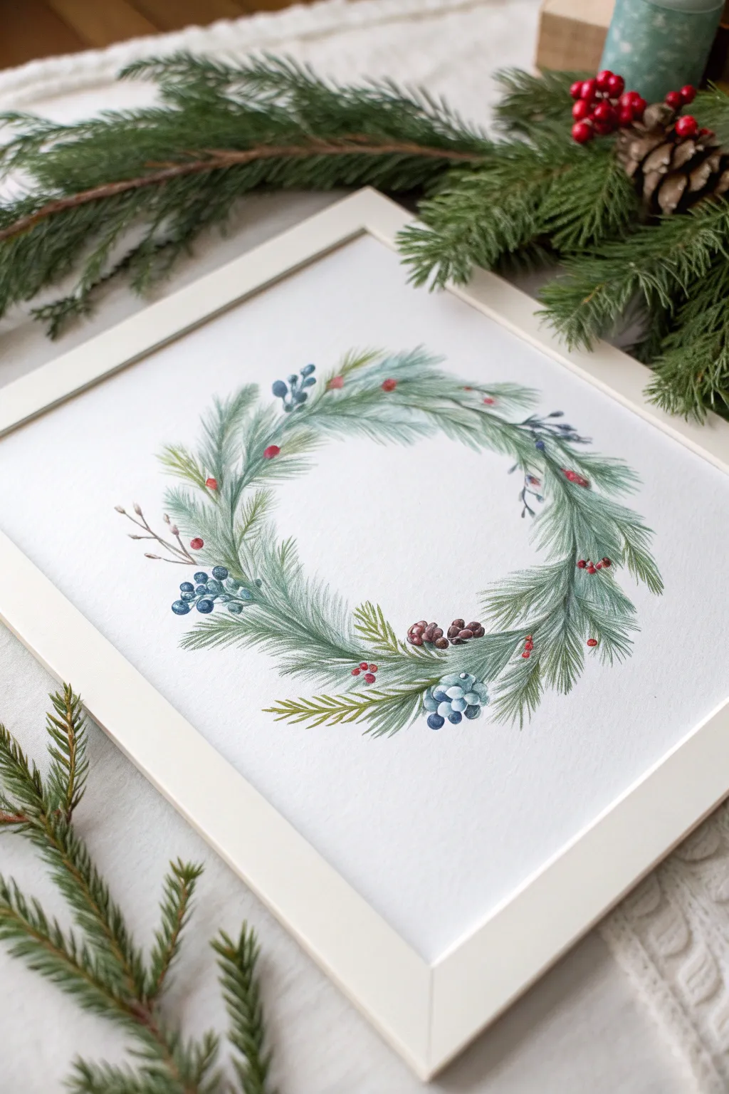 Airy evergreen watercolor wreath study with pine sprigs, berry clusters, and soft winter shadows
