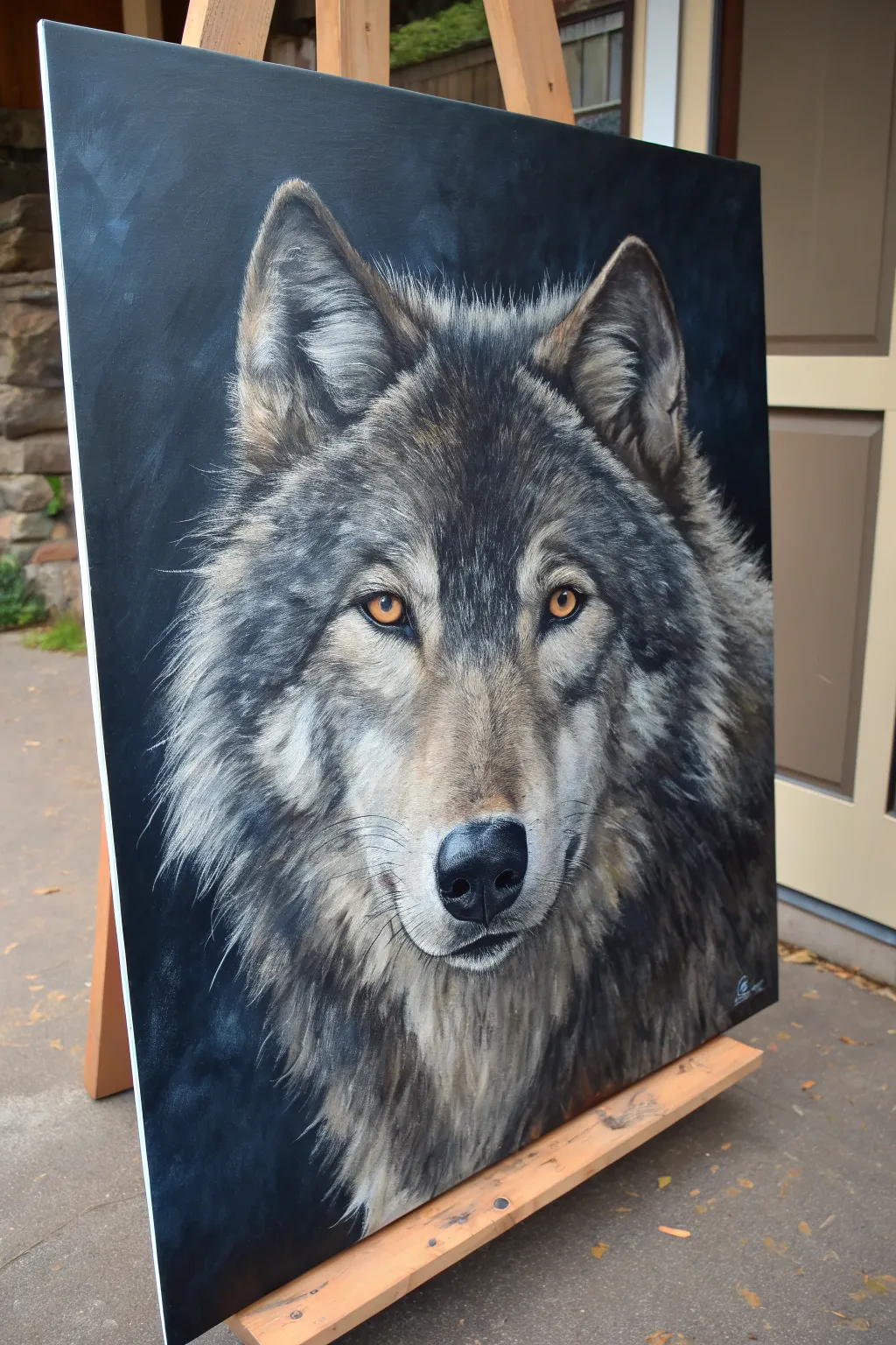 Acrylic wolf study with bold dark base and airy dry-brush highlights for rugged fur texture