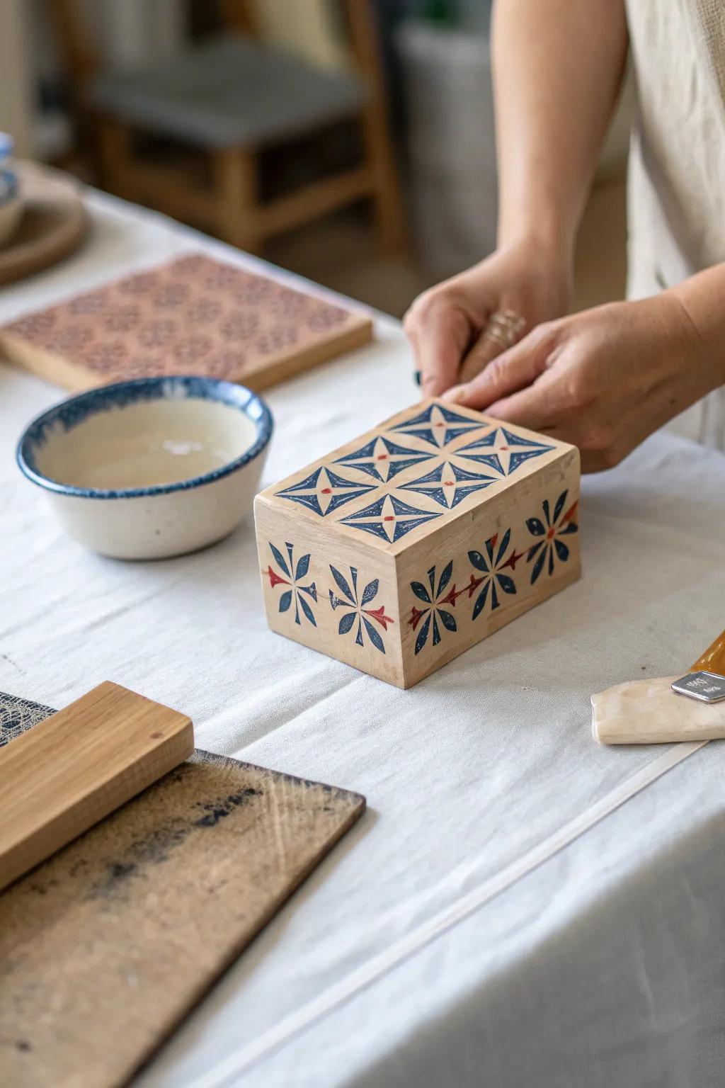 Two-tone stamping on wood block faces for crisp repeat patterns with a calm, minimal craft feel