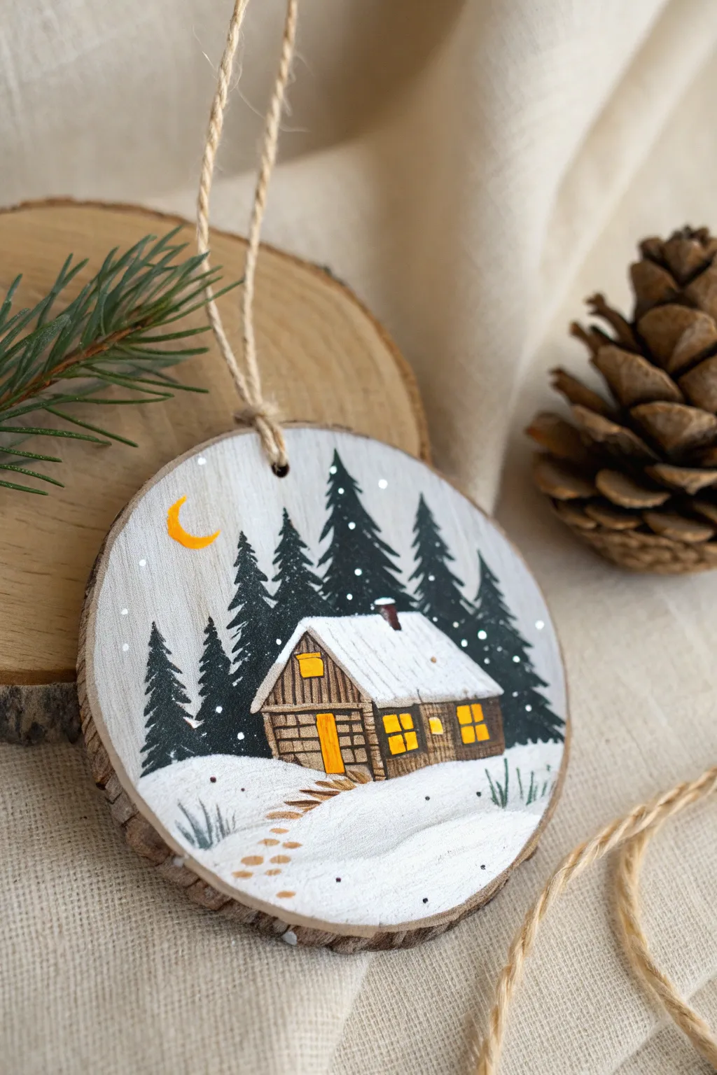 Cozy snowy cabin on a wood circle ornament, warm window glow and minimalist winter vibes