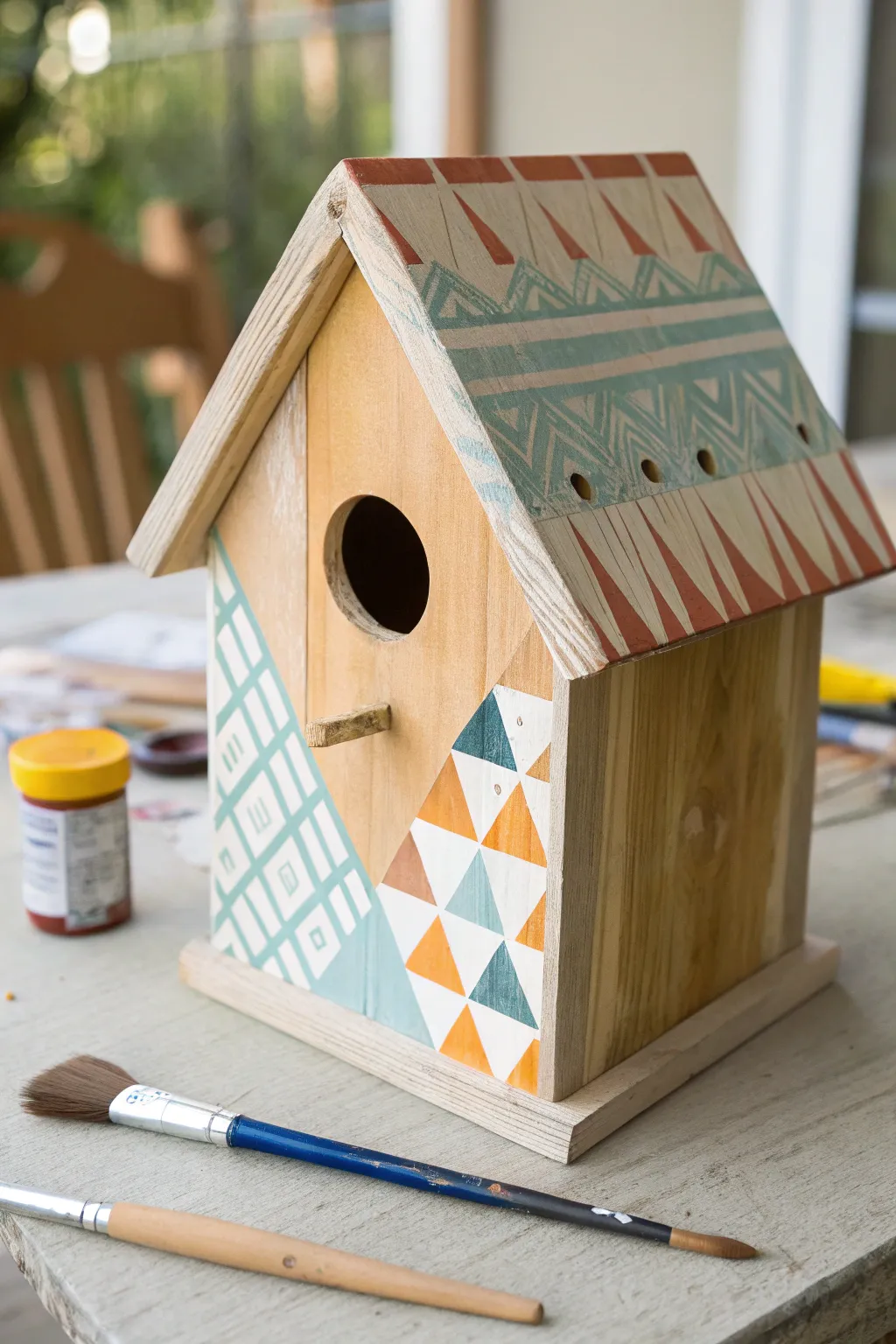 Paint a simple birdhouse with bold color blocks and easy patterns for a fresh woodcraft upgrade