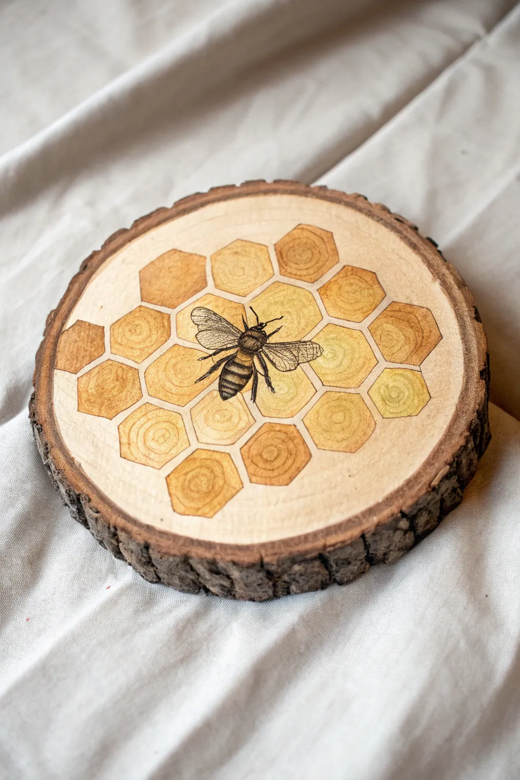 Warm wood slice drawing with honeycomb border and a single bee, simple Scandinavian-boho charm