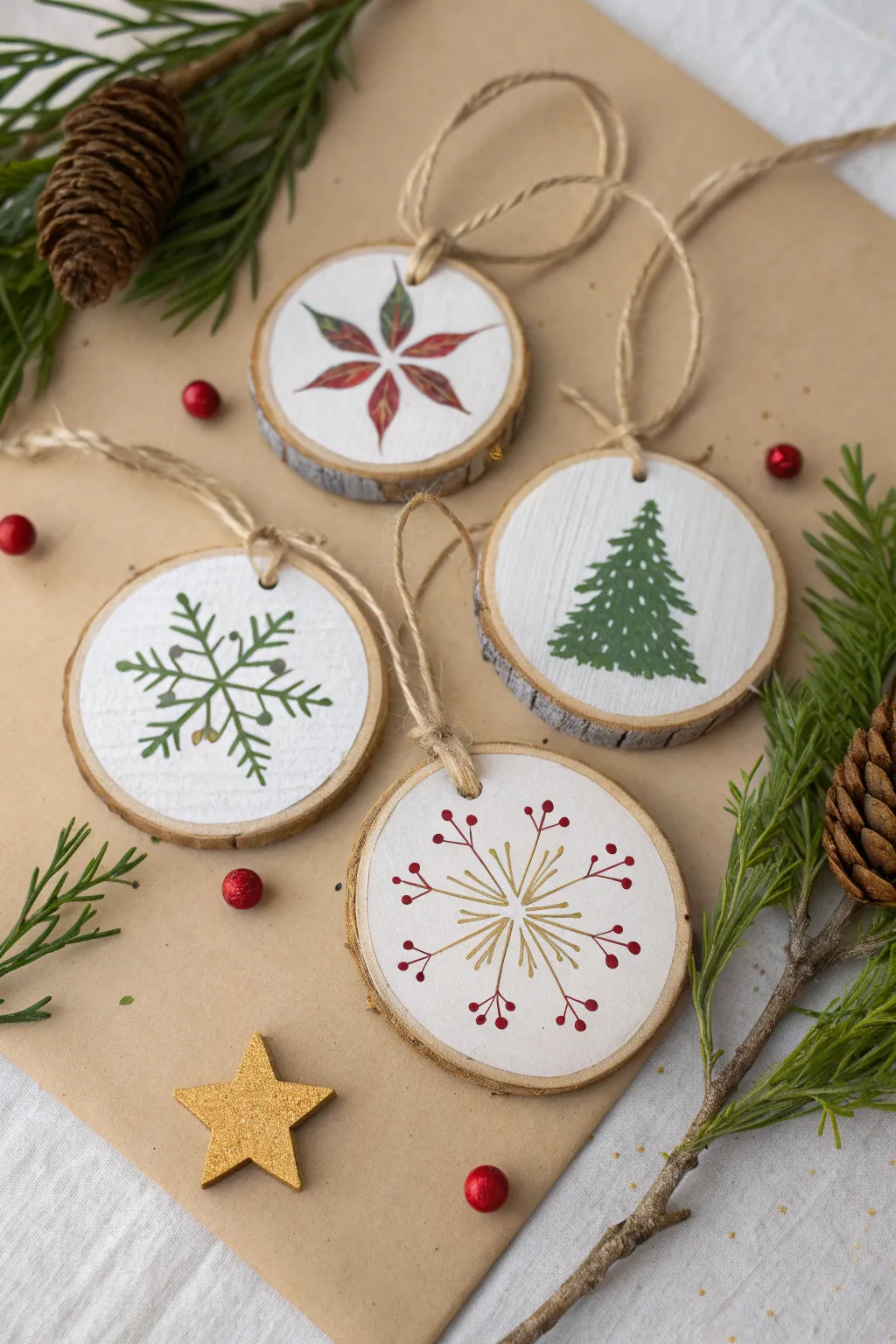 Four hand painted wood slice ornaments in a clean Scandi flat lay with cozy winter texture.