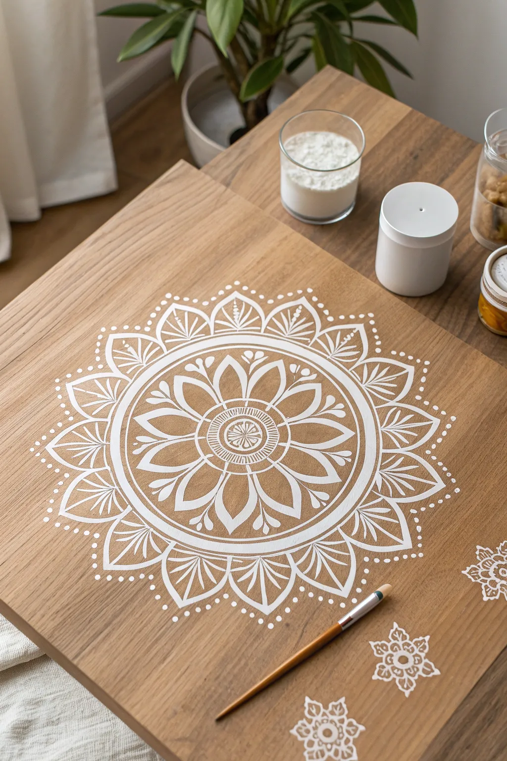 Top-down mandala stencil centerpiece on a wooden tabletop, minimal Scandinavian with a soft boho touch.