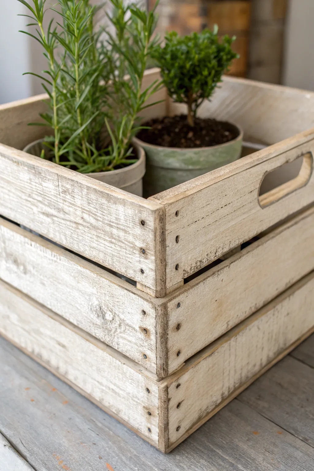 Stoneware-inspired sponge stipple texture on a wooden crate for a soft, earthy finish