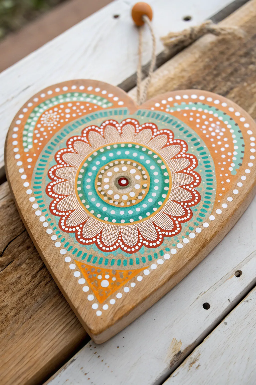 Bright mandala dot art fills a wooden heart, captured close-up to show raised paint texture.