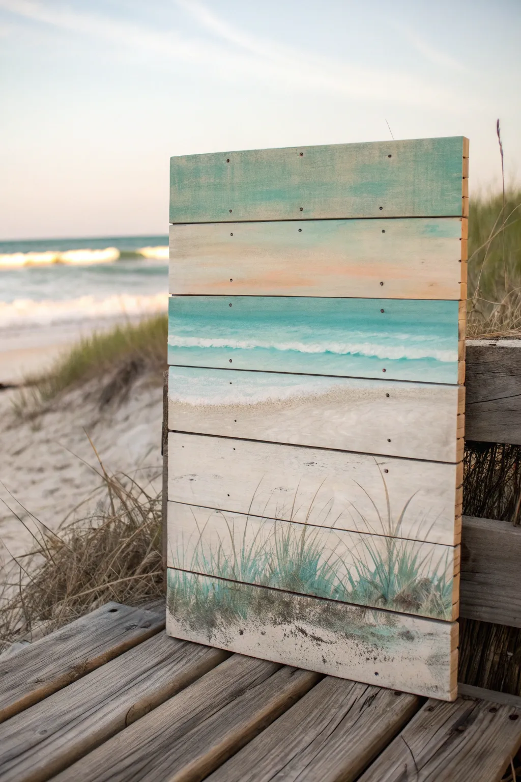 Beachy horizon pallet art on weathered wood, minimalist coastal tones with soft driftwood vibes.