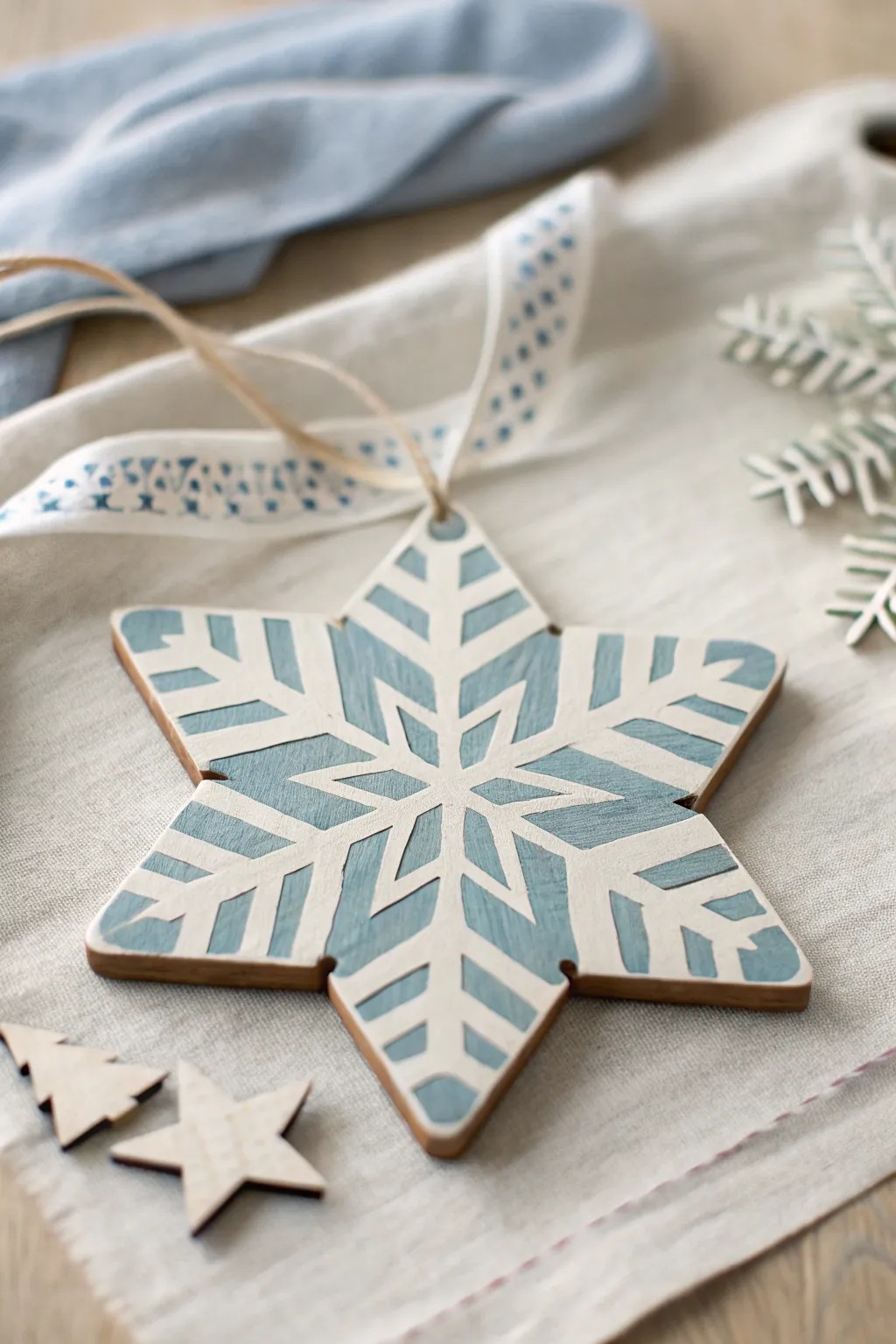 Crisp tape-resist geometry on a painted wooden snowflake for clean, modern winter decor.