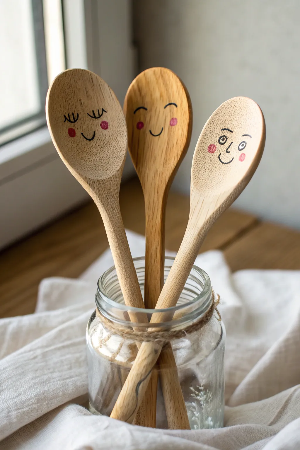 Three painted wooden spoon faces in a jar, minimalist and boho, perfect character painting inspo.