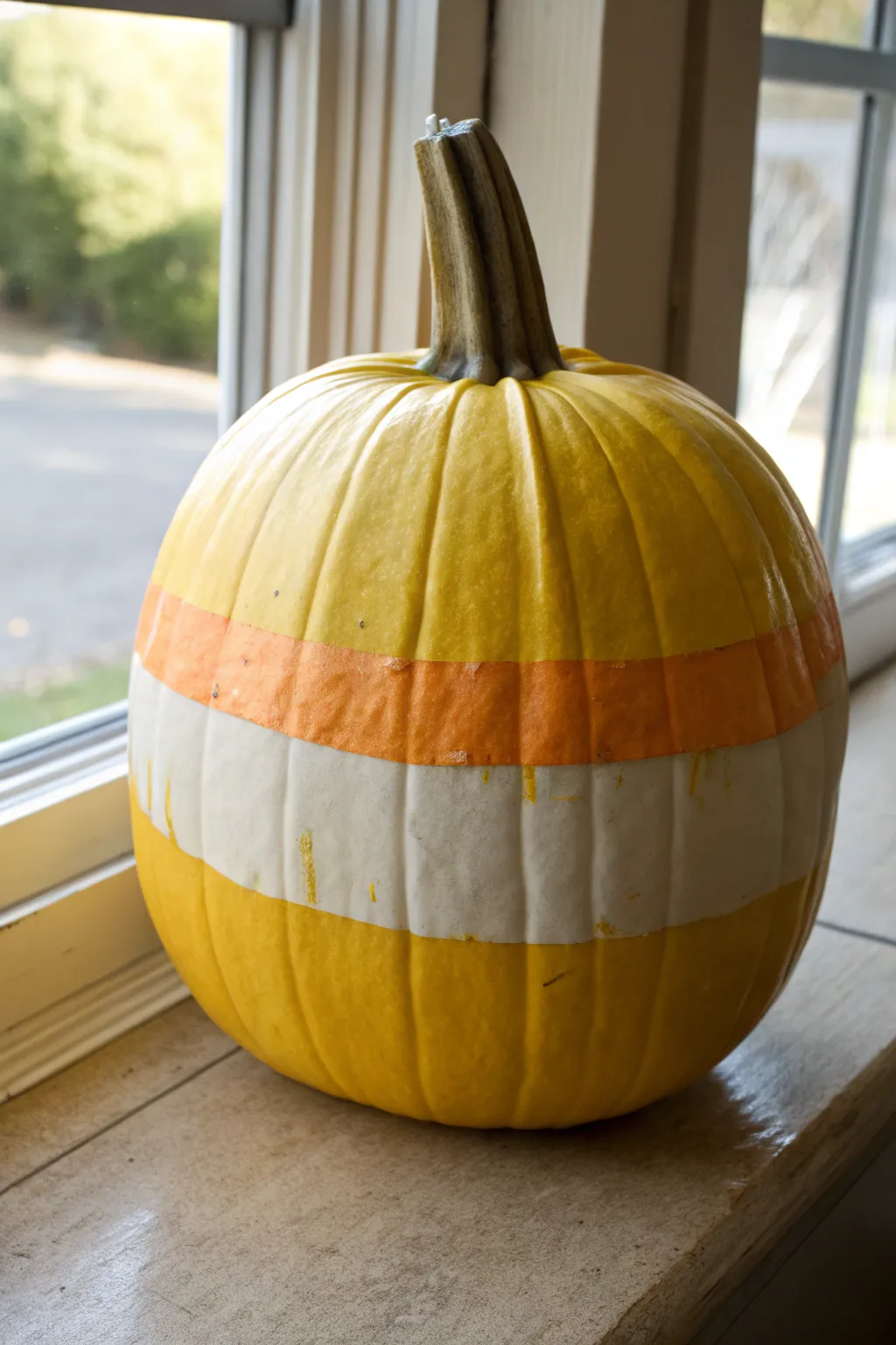 Minimal candy-corn color blocking on a yellow pumpkin with crisp taped paint lines