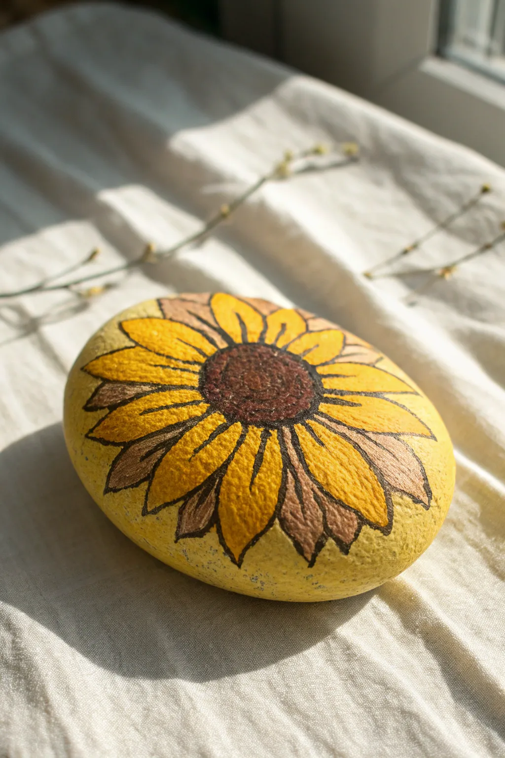 Sunny yellow rock with a simple sunflower design, clean lines and warm contrast on a neutral backdrop