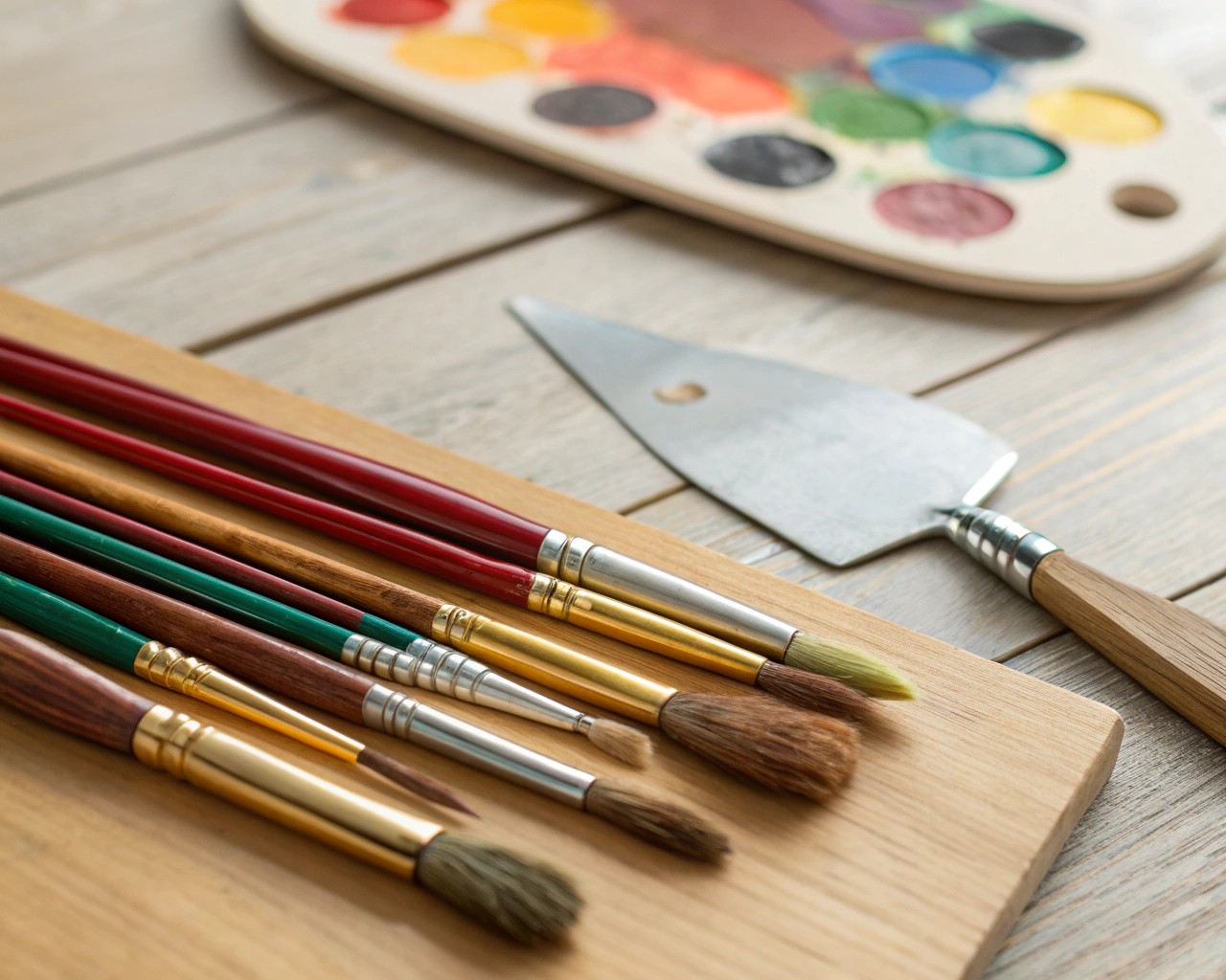 A variety of tools and materials used for wet-on-wet painting.