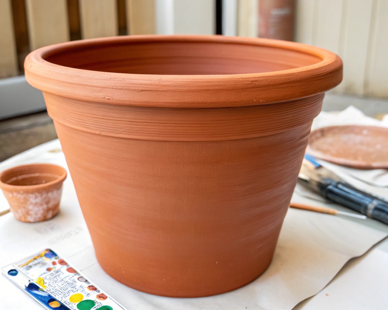 Proper surface preparation ensures a long-lasting finish on terracotta pots.
