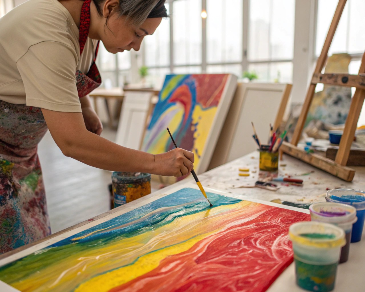 Proper use of water and mediums in acrylics ensures vibrant and lasting paintings.