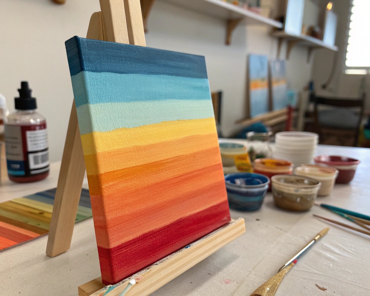 Step-by-step color palette creation process on an artist's desk.