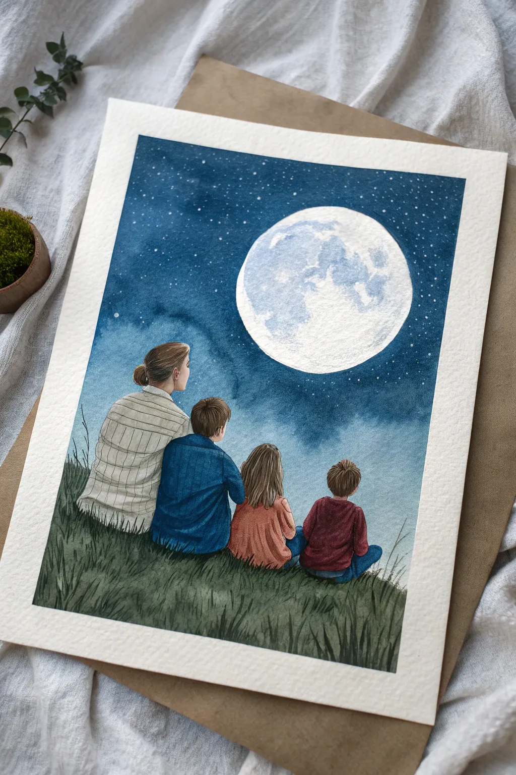 Capture the magic: an easy back-view family painting idea under the moon.
